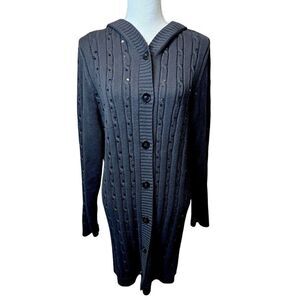 Quacker Factory Women’s Long Line Cable Knit Embellished Button Down Cardigan L